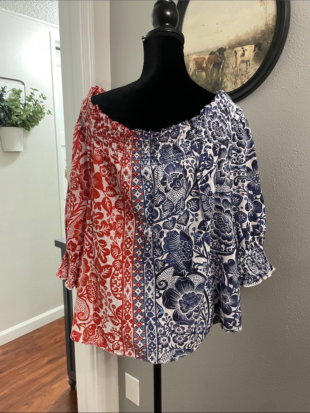 Chico's Off-Shoulder Split Floral Blouse in Red and Blue - Picture 5 of 12